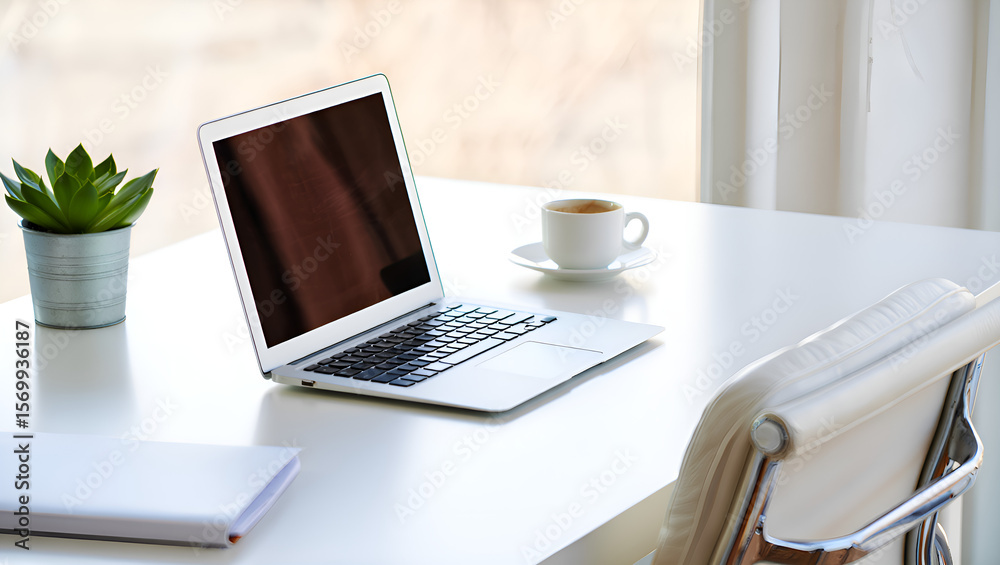 Fototapeta premium Clean White Desk Setup with Laptop, Coffee, and Succulent Plant near a Window in Bright Natural Light