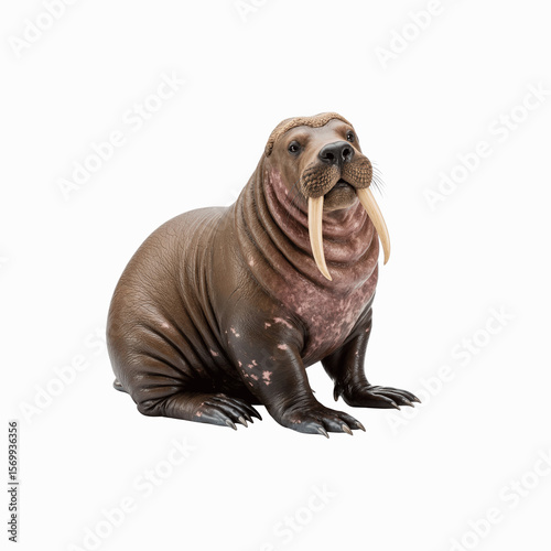 Majestic Walrus Portrait: A close-up studio shot captures the raw power and impressive size of a magnificent walrus, showcasing its formidable tusks and textured hide in stunning detail. 