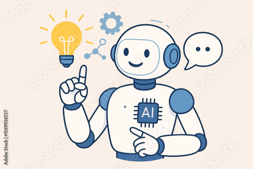 Friendly AI robot chatbot with microchip, artificial intelligence, machine learning, innovation, automation, technology assistant, smart support, idea lightbulb, speech bubble