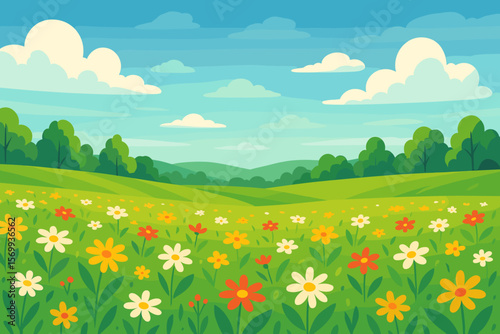 Vibrant Wildflower Meadow Landscape. Blooming Field of Daisies and Wildflowers. Rolling Green Hills, Blue Sky, Fluffy Clouds. Nature Scenery Vector Illustration. Spring Summer Countryside Scene