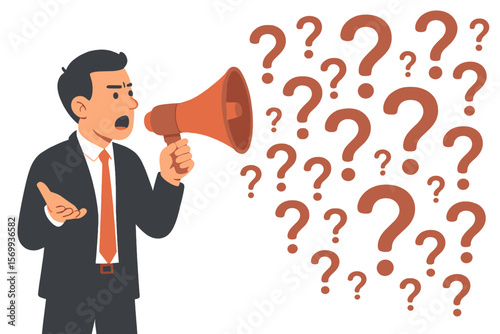 Businessman Asking Questions Through Megaphone, Seeking Answers, Solutions, Explanations for Problem Solving, Curiosity, Requesting Help, Communication Challenge Concept