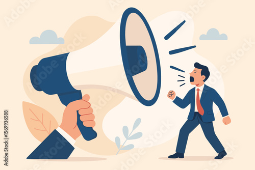 Businessman shouting through megaphone, amplifying voice for important announcement, communication, advertising message, loud broadcast, spreading information concept illustration