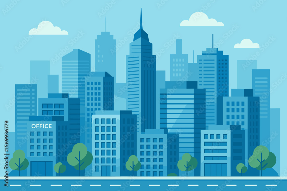 Fototapeta premium Modern City Business District Skyline. Urban Office Buildings, Skyscrapers, Trees, Road, Blue Flat Design. Downtown Architecture, Corporate Center, Cityscape, Commercial Real Estate, Urban Landscape