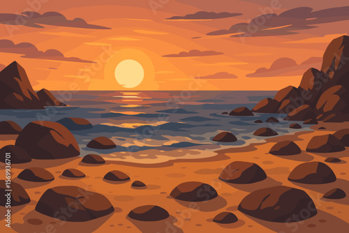Rocky Beach Sunset Landscape. Serene Sandy Shore with Large Stones, Calm Ocean Waves, Orange Sky, Peaceful Seascape, Modern Flat Vector Illustration, Tranquil Nature, Coastal Evening Scene