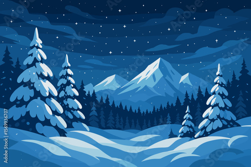 Magical Winter Night Landscape with Snowy Mountains, Pine Forest, Snowdrifts, Starry Sky, Clouds, Christmas Eve, Tranquil Nature Scene