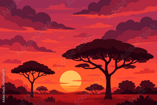 African Savannah Sunset Landscape. Acacia Trees Silhouette. Vibrant Red Pink Sky with Clouds. Bushes, Grassland, Nature Scenery. Modern Flat Vector Cartoon Illustration. Wildlife Safari Scene