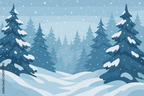Winter Forest Landscape with Snowy Pine Trees, Snowdrifts, Falling Snow, Christmas Nature Scene, Seasonal Vector Illustration for Cards, Posters, Banners, Modern Holiday Design