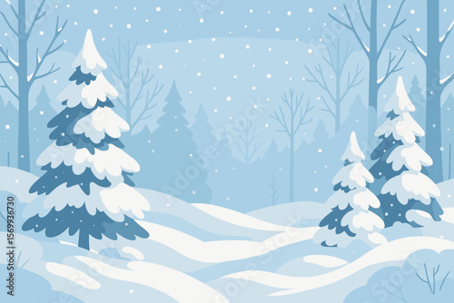 Winter Forest Landscape with Snowy Pine Trees, Snowdrifts, Falling Snow, Peaceful Nature Scene, Christmas and Holiday Vector Illustration for Print, Card, Banner, Poster, Modern Design