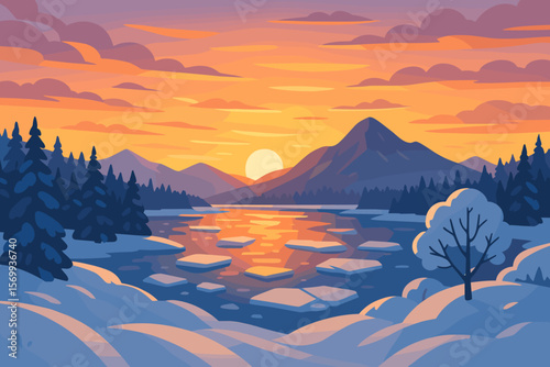 Winter Sunset Mountain Landscape. Snowy Forest, Frozen Lake with Ice Floes, High Snowdrifts, Bare Tree, Pine Trees, Majestic Mountains, Tranquil Nature, Scenic Winter Evening