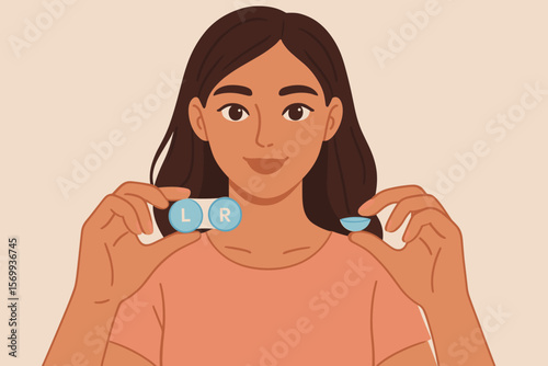 Woman Holding Contact Lens Case and Lens. Eye Care, Vision Correction, Contact Lenses Hygiene, Health Concept. Female Hands, Blue Lens Box, Modern Flat Vector Illustration