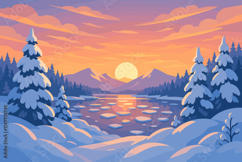 Majestic Winter Sunset Landscape, Snowy Mountains, Frozen Lake with Ice Floes, Snow-Covered Pine Forest, Deep Snowdrifts, Tranquil Nature Scenery