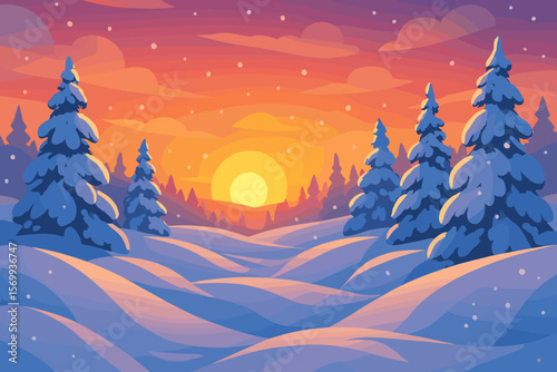 Winter Sunset Landscape. Snowy Pine Trees, Snowdrifts, Falling Snow, Orange Sky, Peaceful Nature, Flat Vector Illustration, Tranquil Forest, Winter Wonderland, Evening Scenery