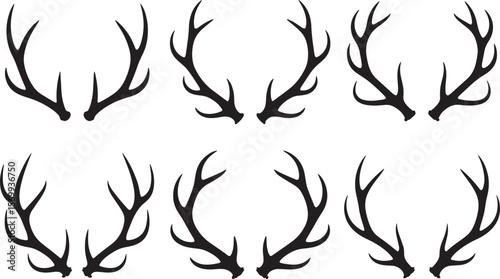 Collection of six black deer antler silhouettes arranged in two rows isolated on transparent background