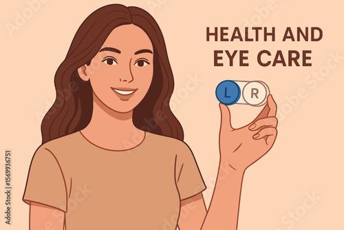 Woman Holding Contact Lens Case for Eye Health Care. Modern Flat Vector Illustration. Eye Care Concept, Contact Lenses, Vision Correction, Female Hand, Hygiene, Optometry, Medical Design