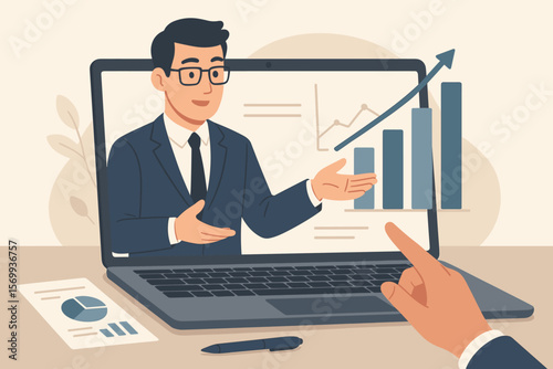 Online business consultant advisor presenting strategy analysis, virtual meeting, financial growth report, remote conference, expert advice, digital marketing, laptop screen