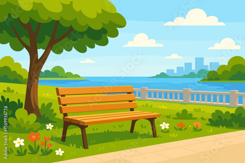 Park Bench Under Tree on City Embankment with Flowers, Green Grass, Bushes, River, Skyline, Summer Day, Relaxation, Urban Nature, Modern Flat Vector Illustration