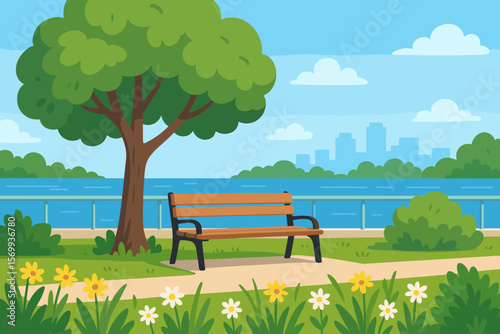 City Park Bench Under Tree by River Embankment, Summer Urban Landscape, Flowers, Green Grass, Bushes, Skyline, Relaxation, Modern Flat Vector Illustration