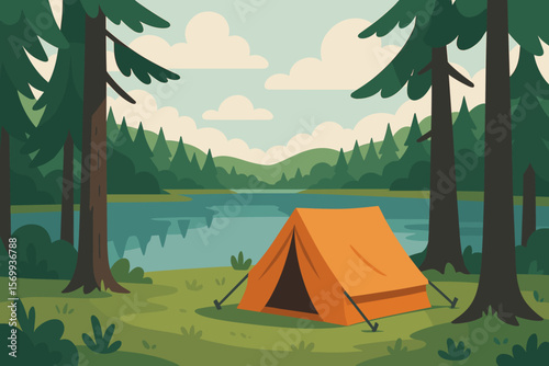 Camping Adventure by Forest Lake, Orange Tent, Pine Trees, Nature Landscape, Outdoor Recreation, Summer Travel, Flat Vector Cartoon Illustration