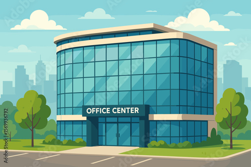 Modern Glass Office Center Building, Urban Business Architecture, Cityscape Background, Trees, Parking, Contemporary Commercial Property, Flat Vector Illustration
