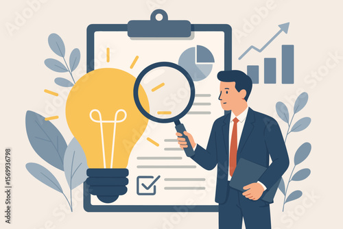 Business Idea Validation and Market Research Concept, Analyzing Profitability, Businessman with Magnifying Glass, Light Bulb Innovation, Data Analysis, Success Evaluation