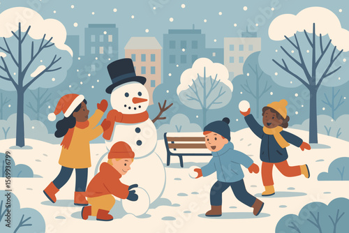 Winter City Park Children Playing, Building Snowman, Throwing Snowballs, Christmas Holiday, Urban Snow Scene, Kids Outdoor Fun, Flat Cartoon Vector Illustration