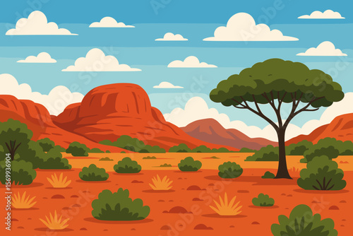 Australian Outback Desert Landscape, Red Rock Formations, Acacia Tree, Green Shrubs, Blue Sky, White Clouds, Red Soil, Grass, Mountains, Nature Scenery, Vector Illustration