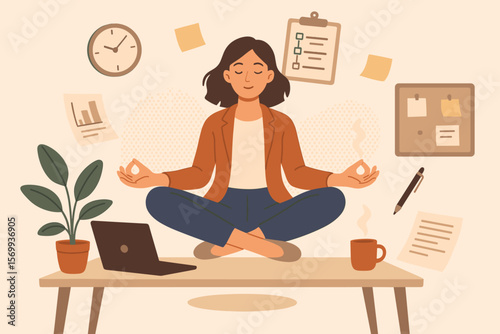 Mindful office woman meditating at work desk, workplace wellness, employee wellbeing, productivity balance, stress relief, project management, comfortable modern workspace
