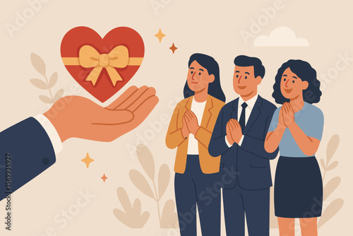 Employee appreciation recognition award, business gratitude, thankful support, businessman hand giving heart gift, team thank you, workplace motivation, corporate reward concept