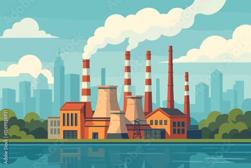 Industrial Factory with Smoking Chimneys by Lake, Urban Skyline, Pollution Emissions, Modern Flat Vector Illustration, Cityscape, Environmental Impact, Power Plant, Industry