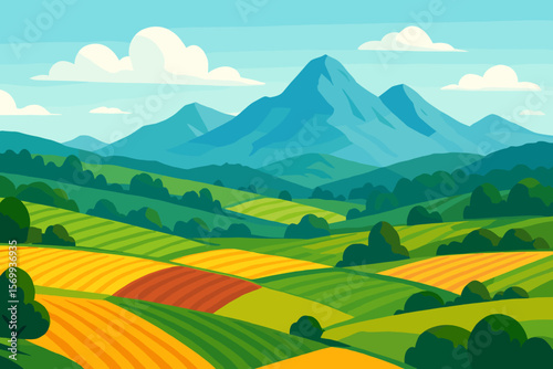 Vibrant Farmland Landscape with Rolling Hills, Colorful Fields, Meadows, Lush Forests, Majestic Mountains, Scenic Countryside, Agriculture, Nature, Rural Panorama, Vector Illustration