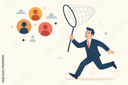 Businessman with net chasing new customers, clients, or candidates. Lead generation, recruitment, HR hiring, marketing, prospecting, talent acquisition, employee search concept.
