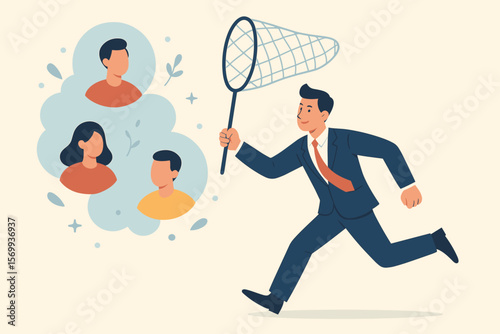 Businessman Recruiting New Clients or Employees, Human Resources Hiring, Lead Generation, Candidate Search, Marketing Prospecting, Job Vacancy Recruitment, Talent Acquisition, Networking