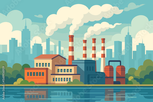 Industrial Factory with Smoking Chimneys by Lake, Urban Skyline, Air Pollution, Environmental Impact, Modern Cityscape, Flat Vector Illustration