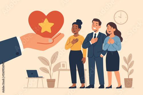 Employee appreciation recognition award, business gratitude support, thank you concept, diverse team honored, businessman hand giving heart with star, workplace motivation