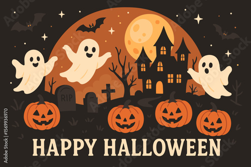 Spooky Halloween Night with Ghosts, Pumpkins, Bats, Haunted House, Cemetery, Full Moon, Stars – Festive Holiday Poster, Flyer, Banner, Modern Flat Vector Illustration