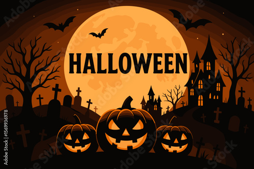 Spooky Halloween Night Poster with Glowing Pumpkins, Full Moon, Haunted House, Bats, Graveyard, Bare Trees, Festive Vector Illustration, Halloween Party Flyer, Scary Cemetery Scene