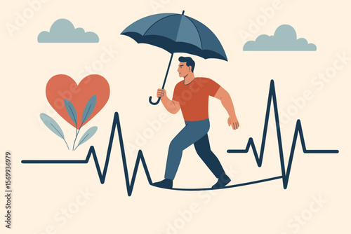 Health insurance protection concept. Confident man walking on heart rate line with umbrella. Medical risk, patient security, disease prevention, healthcare safety metaphor illustration.
