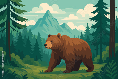 Majestic Grizzly Bear in Mountain Forest Landscape. Wild Animal in Nature. Wilderness Adventure. Wildlife Scene. Pine Trees, Mountains, Clouds. Vector Art for Poster, Banner, Card, Design