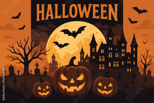 Halloween night vector illustration with glowing jack-o’-lantern pumpkins, haunted house, bats, full moon, graveyard, spooky trees, festive Halloween poster, flyer, party invitation