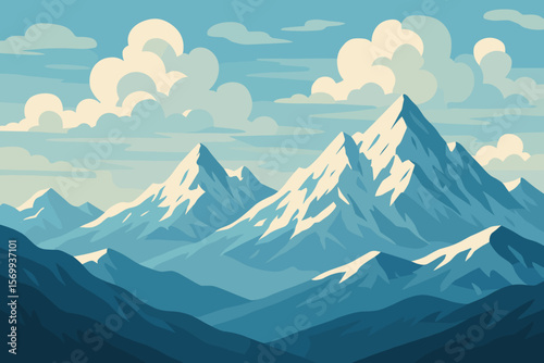 Majestic Snow-Capped Mountain Peaks, Expansive Mountain Range Landscape, Dramatic Clouds, Mountaineering, Climbing, Hiking Adventure, Modern Flat Vector Illustration