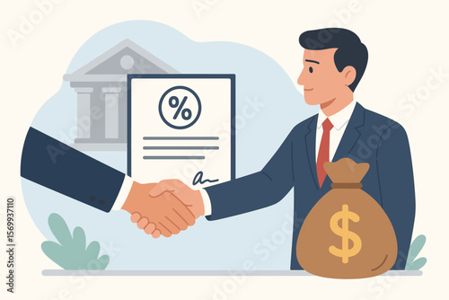 Business Loan Agreement, Borrow Money from Bank, Mortgage and Debt Obligation, Interest Rate Contract, Financial Support, Handshake Partnership, Investment Funding Concept