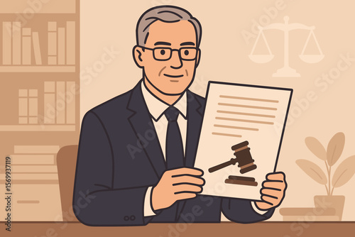 Legal Document Approval, Attorney in Court Office, Law Judgment Paper, Lawyer Holding Gavel Symbol, Legal Decision, Justice System, Courtroom Authority, Professional Legal Consultation