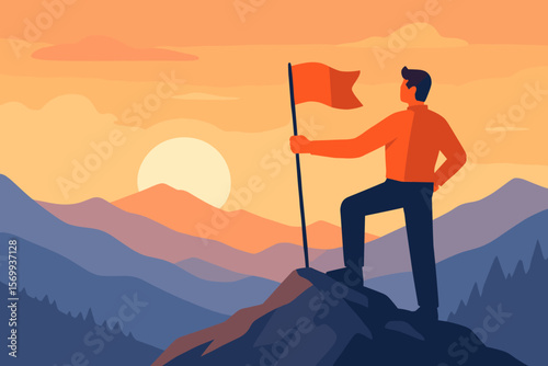 Man Achieves Mountain Summit Success, Plants Flag, Watches Sunset, Victory Accomplishment, Goal Achievement, Motivation, Adventure, Modern Flat Vector Illustration