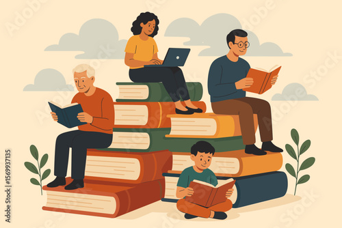 Lifelong learning and self study concept, diverse people of all ages reading books and using laptop, skill development, personal growth, education, knowledge improvement, motivation