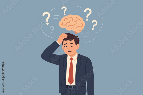 Confused businessman with memory loss, forgetfulness, dementia, cognitive problem, brain disorder, mental confusion, question marks, trouble remembering tasks, confusion concept