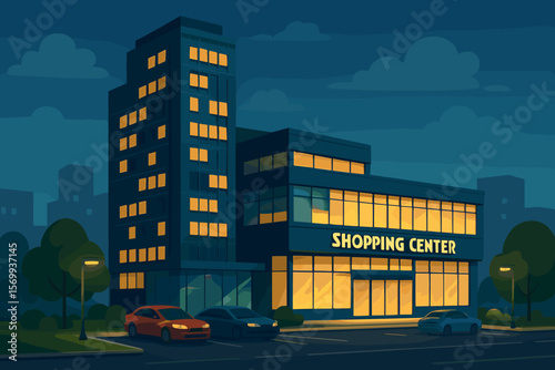 Modern shopping center and office building at night, illuminated by glowing windows, parking lot with cars, streetlights, trees, urban cityscape, commercial architecture