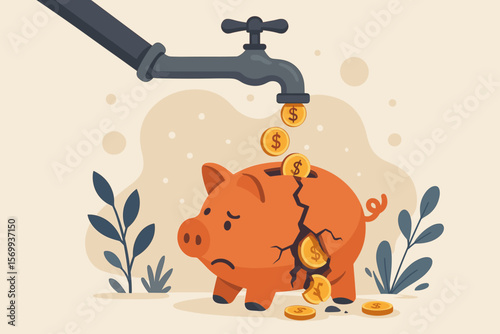 Financial loss, overspending, leaking money, broken piggy bank, debt, bankruptcy, poor savings, expense drain, faucet with coins, economic crisis, budget failure concept