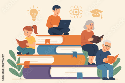 Lifelong learning education concept, self study motivation, skill development, people of different ages reading books, knowledge growth, continuous personal improvement, study habits