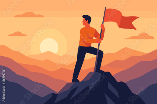 Man Achieves Mountain Summit Success, Plants Flag, Celebrates Victory at Sunset, Leadership, Achievement, Goal Accomplishment, Adventure, Motivation, Modern Flat Vector Illustration