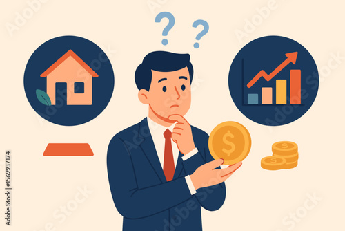Businessman Holding Money Coin Making Financial Decision, Investment Versus Debt Repayment, Real Estate or Stock Market Growth, Personal Finance Choice, Economic Strategy Concept